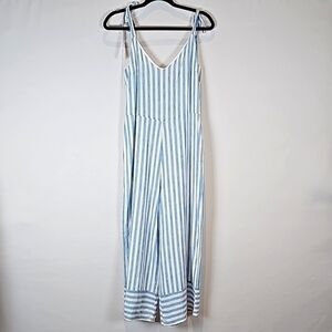 The Impeccable Pig Women's Blue White Stripe Linen Blend Jumpsuit Medium…